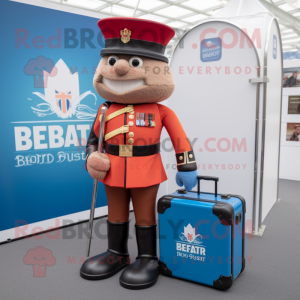 Rust British Royal Guard mascot costume character dressed with a Swimwear and Briefcases