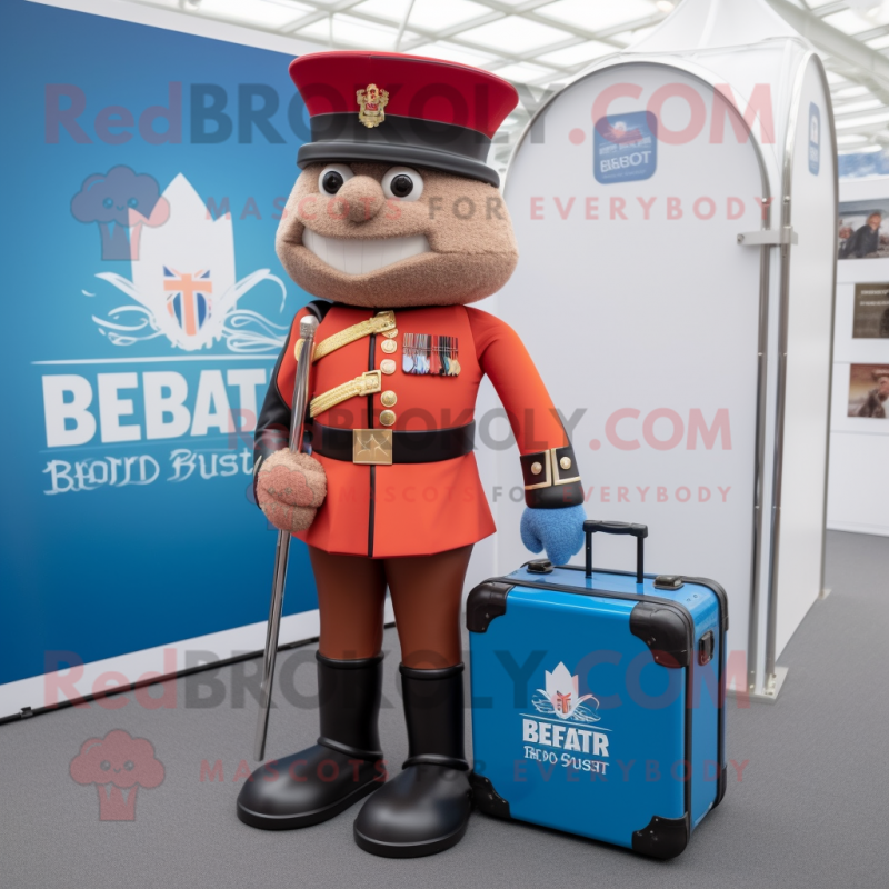 Rust British Royal Guard mascot costume character dressed with a Swimwear and Briefcases Rust British Royal Guard mascot costume character dressed with a Swimwear and Briefcases