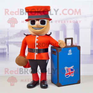 Rust British Royal Guard mascot costume character dressed with a Swimwear and Briefcases