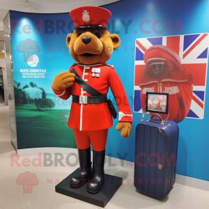 Rust British Royal Guard mascot costume character dressed with a Swimwear and Briefcases