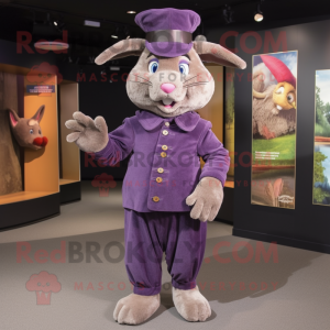 Purple Wild Rabbit mascot costume character dressed with a Corduroy Pants and Berets