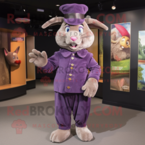 Purple Wild Rabbit mascot costume character dressed with a Corduroy Pants and Berets