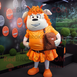 Orange Beef Wellington mascot costume character dressed with a Mini Skirt and Backpacks