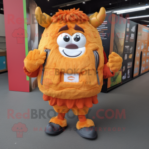 Orange Beef Wellington mascot costume character dressed with a Mini Skirt and Backpacks