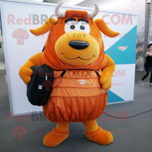 Orange Beef Wellington mascot costume character dressed with a Mini Skirt and Backpacks