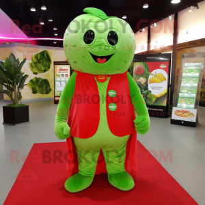 Lime Green Strawberry mascot costume character dressed with a Henley Shirt and Shawls