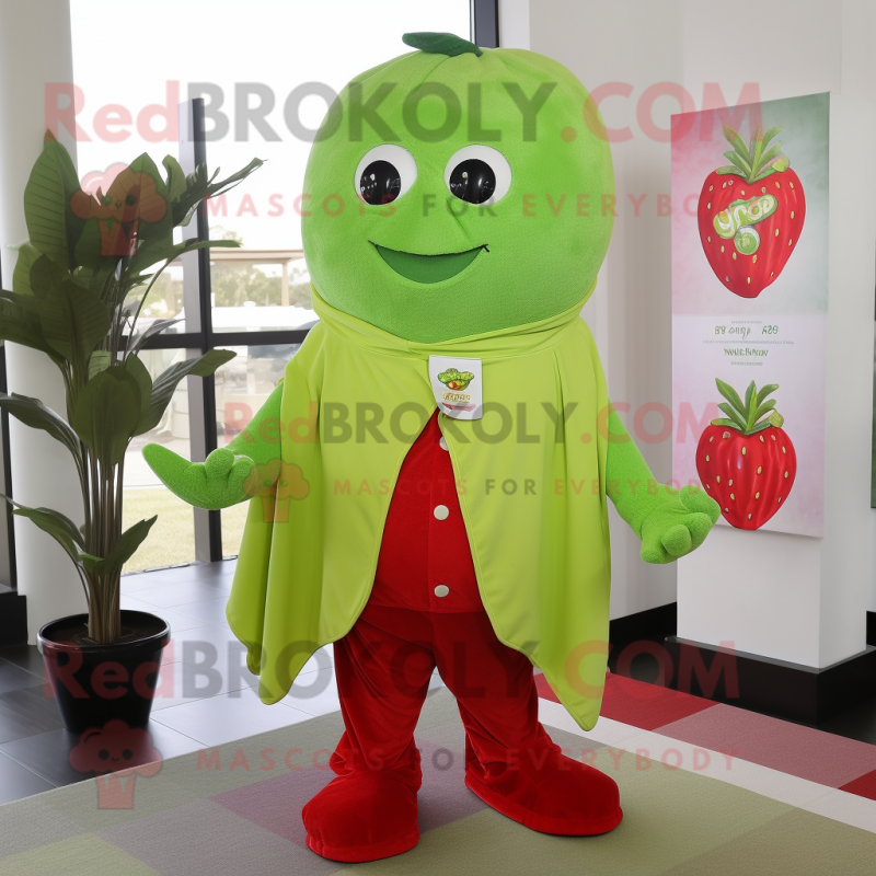 Lime Green Strawberry mascot costume character dressed with a Henley Shirt and Shawls