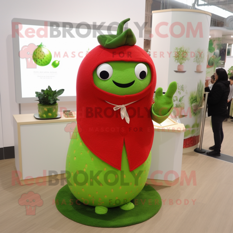 Lime Green Strawberry mascot costume character dressed with a Henley Shirt and Shawls