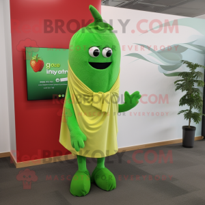 Lime Green Strawberry mascot costume character dressed with a Henley Shirt and Shawls