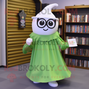 Olive Ghost mascot costume character dressed with a Circle Skirt and Reading glasses