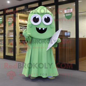 Olive Ghost mascot costume character dressed with a Circle Skirt and Reading glasses