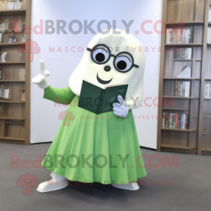 Olive Ghost mascot costume character dressed with a Circle Skirt and Reading glasses