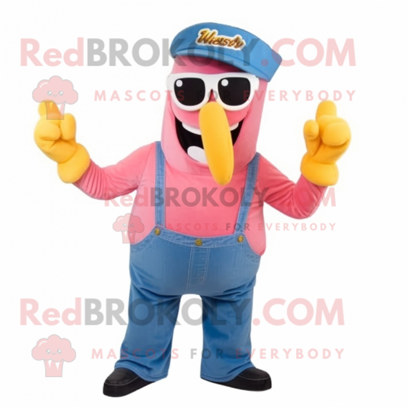 Pink Currywurst mascot costume character dressed with a Denim Shirt and Sunglasses Pink Currywurst mascot costume character dressed with a Denim Shirt and Sunglasses