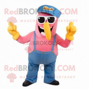 Pink Currywurst mascot costume character dressed with a Denim Shirt and Sunglasses