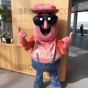 Pink Currywurst mascot costume character dressed with a Denim Shirt and Sunglasses