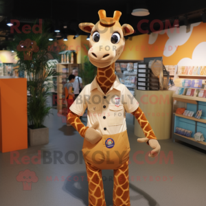 Tan Giraffe mascot costume character dressed with a Polo Shirt and Brooches