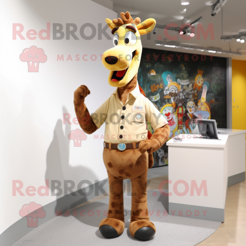 Tan Giraffe mascot costume character dressed with a Polo Shirt and Brooches Tan Giraffe mascot costume character dressed with a Polo Shirt and Brooches