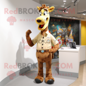 Tan Giraffe mascot costume character dressed with a Polo Shirt and Brooches