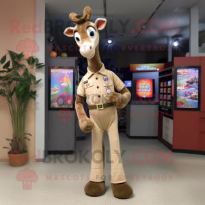 Tan Giraffe mascot costume character dressed with a Polo Shirt and Brooches