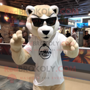 White Mountain Lion mascot costume character dressed with a Rash Guard and Sunglasses