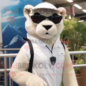 White Mountain Lion mascot costume character dressed with a Rash Guard and Sunglasses