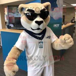 White Mountain Lion mascot costume character dressed with a Rash Guard and Sunglasses