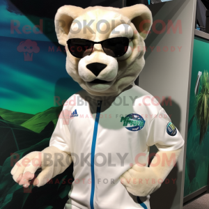 White Mountain Lion mascot costume character dressed with a Rash Guard and Sunglasses