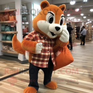 Orange Squirrel mascot costume character dressed with a Flannel Shirt and Tote bags