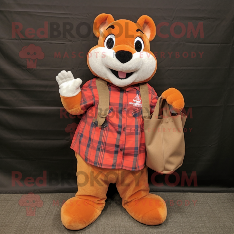 Orange Squirrel mascot costume character dressed with a Flannel Shirt and Tote bags