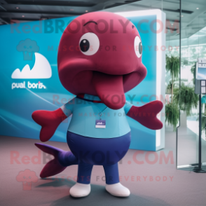 Maroon Blue Whale mascot costume character dressed with a Polo Shirt and Smartwatches