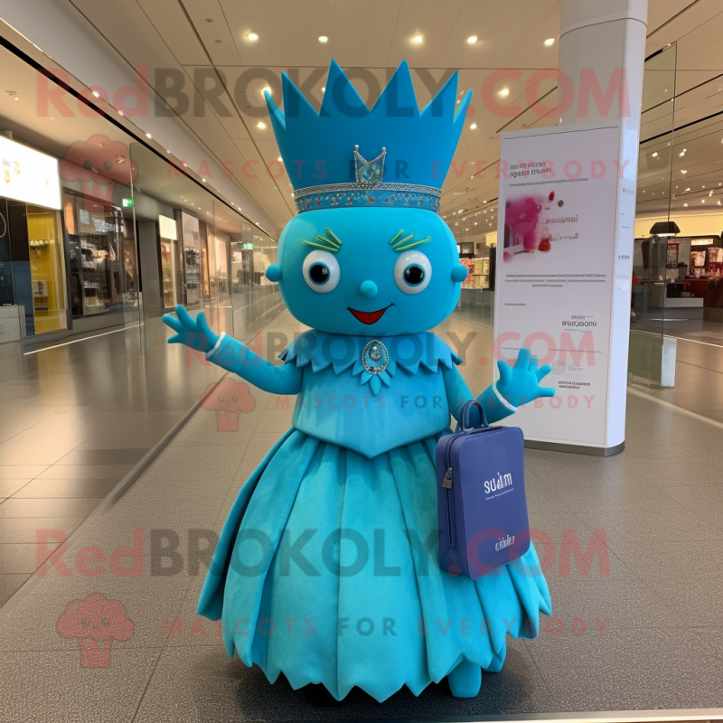 Cyan Queen mascot costume character dressed with a A-Line Skirt and Handbags Cyan Queen mascot costume character dressed with a A-Line Skirt and Handbags
