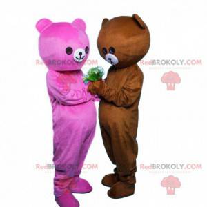 2 bear mascots, one pink and one brown, couple of teddy bears -