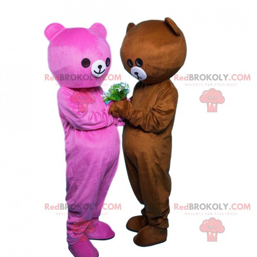 2 bear mascots, one pink and one brown, couple of teddy bears -