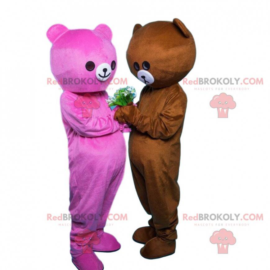 2 medvědi maskoti, jeden růžový a jeden hnědý, pár plyšových