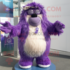 Purple Yeti mascot costume character dressed with a Bikini and Scarf clips