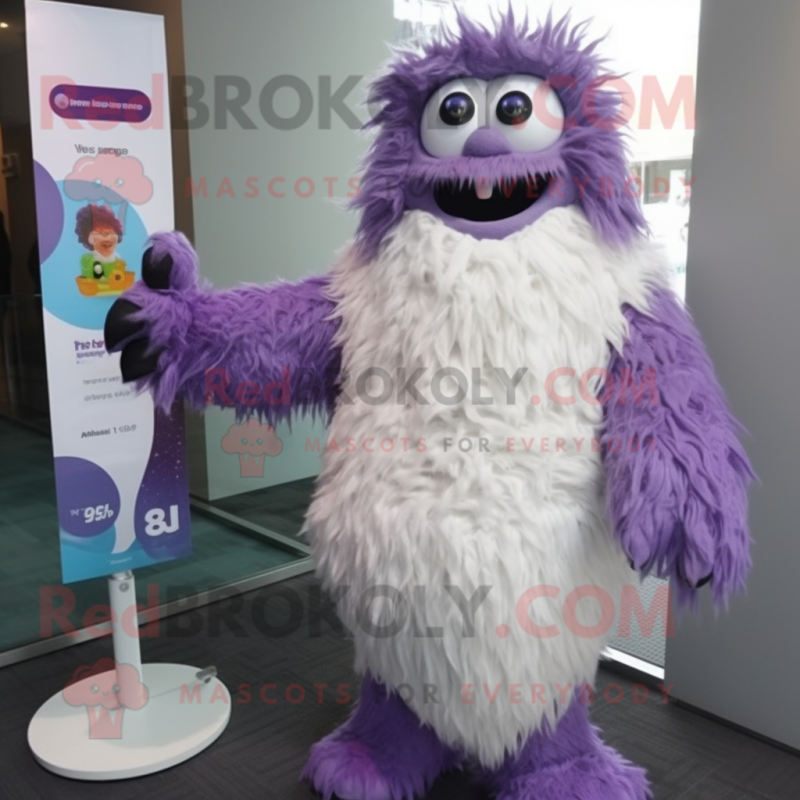 Purple Yeti mascot costume character dressed with a Bikini and Scarf clips Purple Yeti mascot costume character dressed with a Bikini and Scarf clips