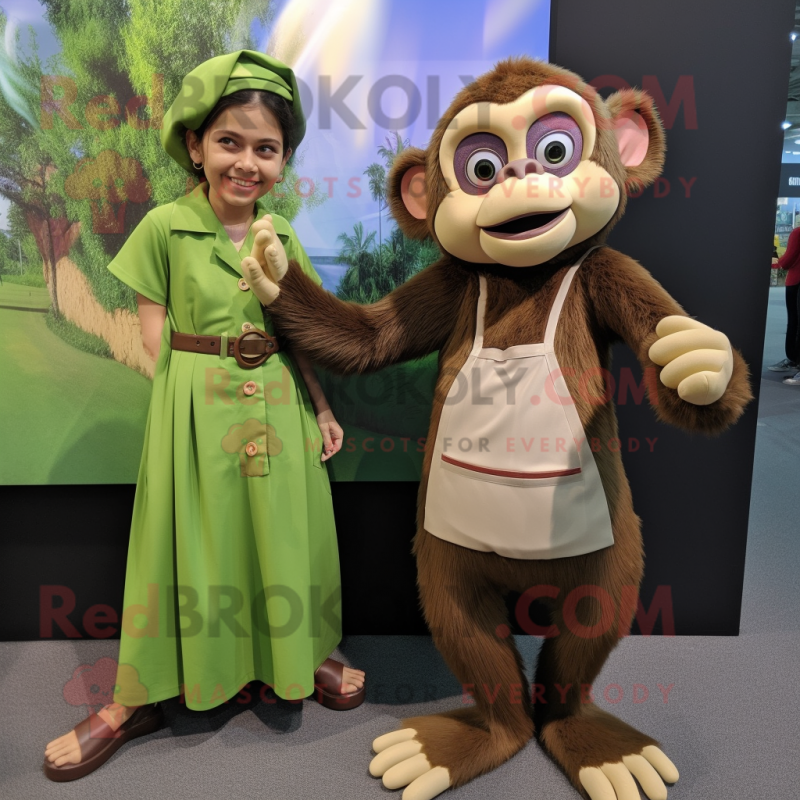 Olive Capuchin Monkey mascot costume character dressed with a Dress and Watches