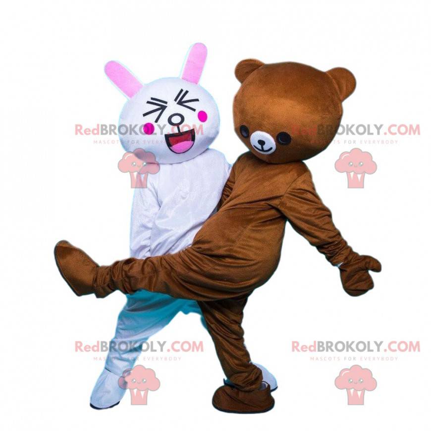 2 mascots, a white rabbit and a brown teddy bear -