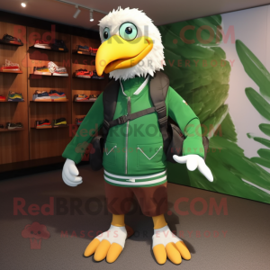 Forest Green Gull mascot costume character dressed with a Moto Jacket and Backpacks