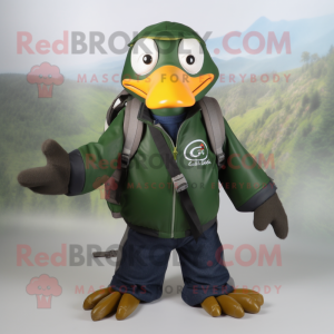 Forest Green Gull mascot costume character dressed with a Moto Jacket and Backpacks