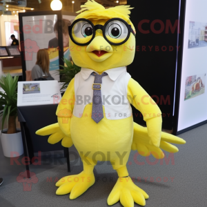 Lemon Yellow Archeopteryx mascot costume character dressed with a Button-Up Shirt and Eyeglasses