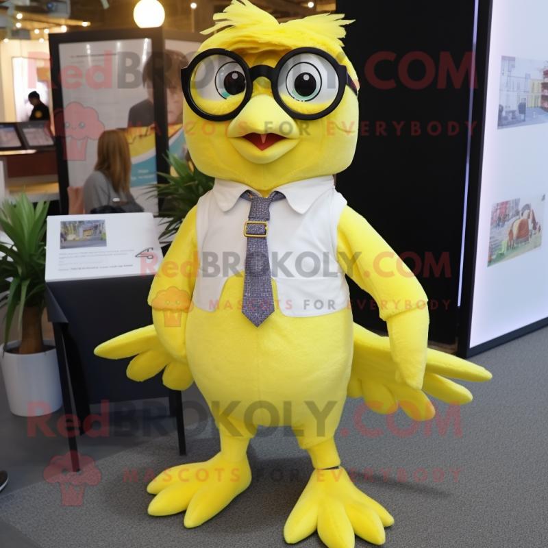 Lemon Yellow Archeopteryx mascot costume character dressed with a Button-Up Shirt and Eyeglasses Lemon Yellow Archeopteryx mascot costume character dressed with a Button-Up Shirt and Eyeglasses