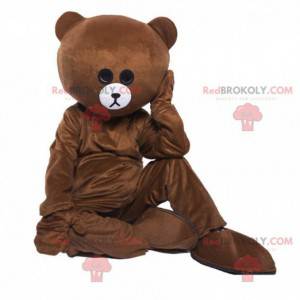 Brown teddy bear mascot looking sad, bear costume -