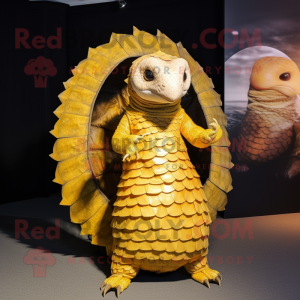 Gold Pangolin mascot costume character dressed with a Bikini and Wraps