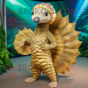 Gold Pangolin mascot costume character dressed with a Bikini and Wraps