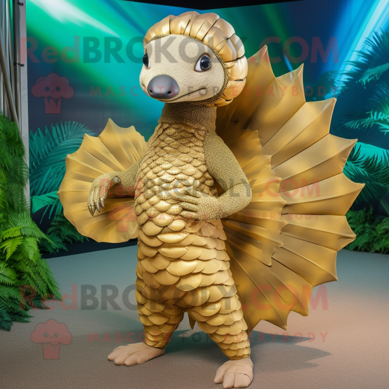 Gold Pangolin mascot costume character dressed with a Bikini and Wraps Gold Pangolin mascot costume character dressed with a Bikini and Wraps