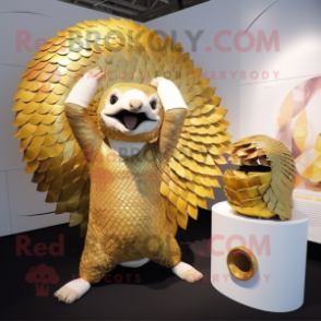 Gold Pangolin mascot costume character dressed with a Bikini and Wraps