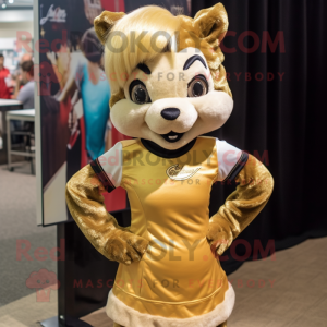 Gold Skunk mascot costume character dressed with a Mini Skirt and Headbands