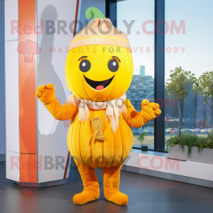 Yellow Pumpkin mascot costume character dressed with a Sweater and Headbands