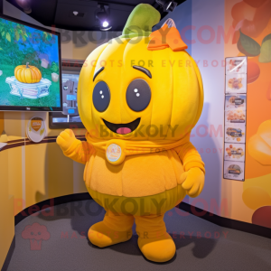 Yellow Pumpkin mascot costume character dressed with a Sweater and Headbands